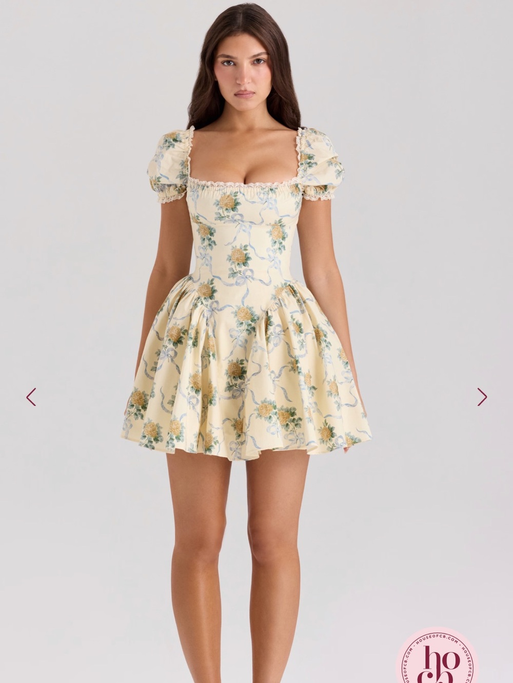 House of CB Rosie Soft Yellow Floral Puff-Sleeve Mini Dress